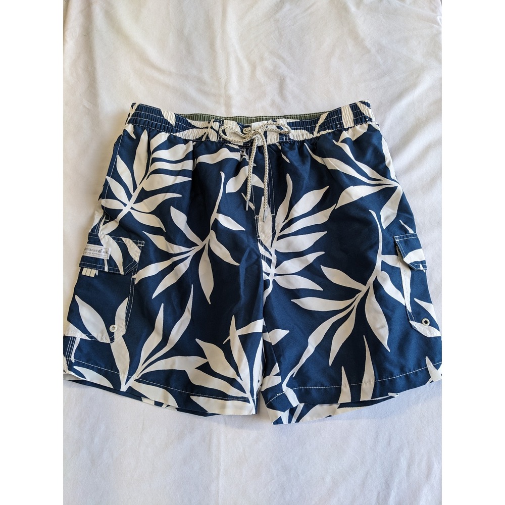 Caribbean Joe Mens XL Swim Trunks Navy White Tropical‎ Leaf Cargo Board Shorts